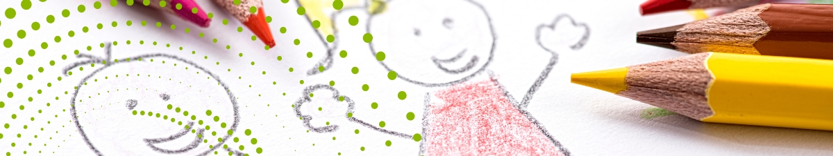 Colored pencils and a drawing of stick people